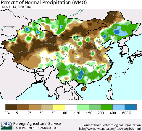 China and Taiwan Percent of Normal Precipitation (WMO) Thematic Map For 9/7/2020 - 9/13/2020