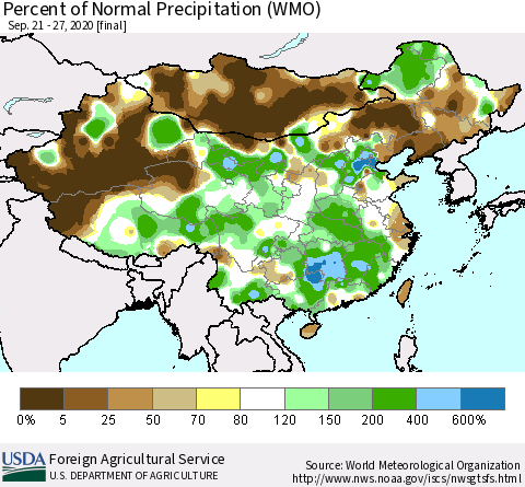 China and Taiwan Percent of Normal Precipitation (WMO) Thematic Map For 9/21/2020 - 9/27/2020