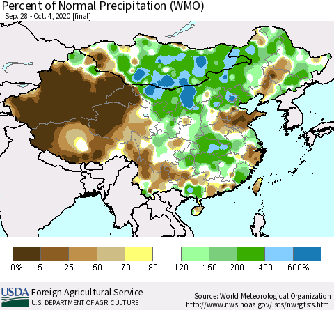 China and Taiwan Percent of Normal Precipitation (WMO) Thematic Map For 9/28/2020 - 10/4/2020