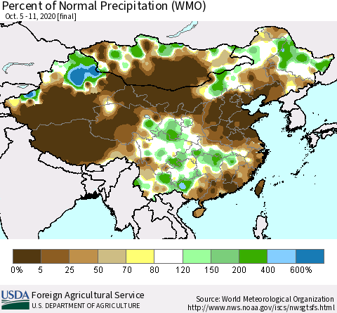 China, Mongolia and Taiwan Percent of Normal Precipitation (WMO) Thematic Map For 10/5/2020 - 10/11/2020