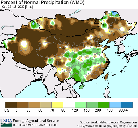 China and Taiwan Percent of Normal Precipitation (WMO) Thematic Map For 10/12/2020 - 10/18/2020