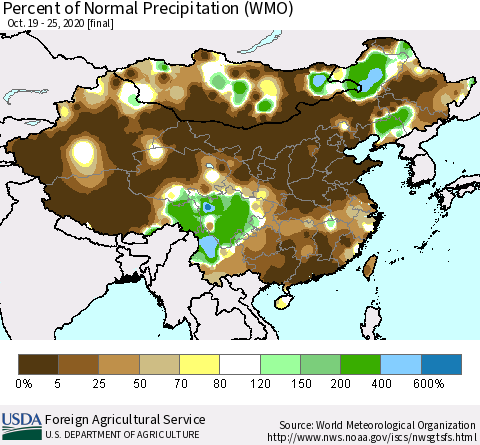 China, Mongolia and Taiwan Percent of Normal Precipitation (WMO) Thematic Map For 10/19/2020 - 10/25/2020