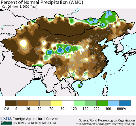 China and Taiwan Percent of Normal Precipitation (WMO) Thematic Map For 10/26/2020 - 11/1/2020