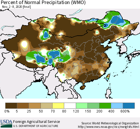 China and Taiwan Percent of Normal Precipitation (WMO) Thematic Map For 11/2/2020 - 11/8/2020