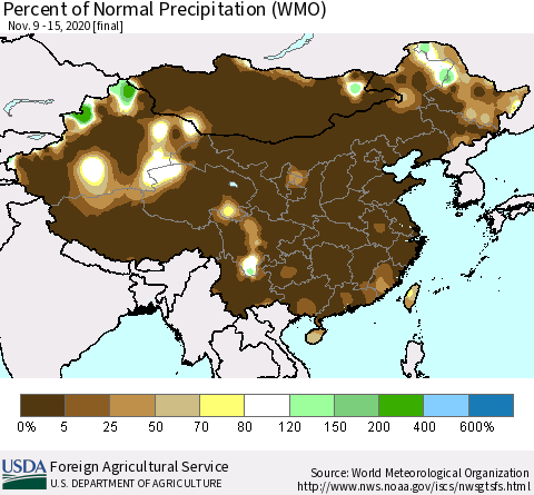 China, Mongolia and Taiwan Percent of Normal Precipitation (WMO) Thematic Map For 11/9/2020 - 11/15/2020