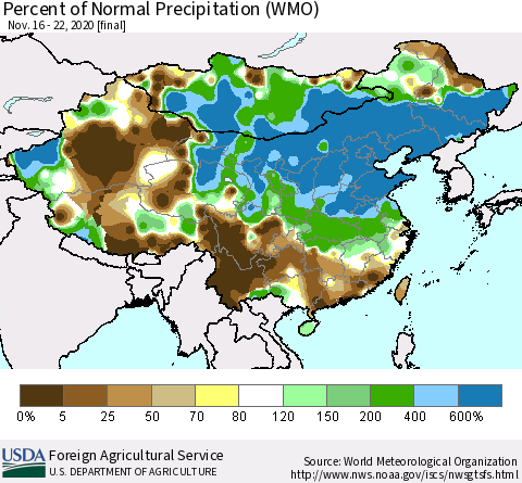 China and Taiwan Percent of Normal Precipitation (WMO) Thematic Map For 11/16/2020 - 11/22/2020