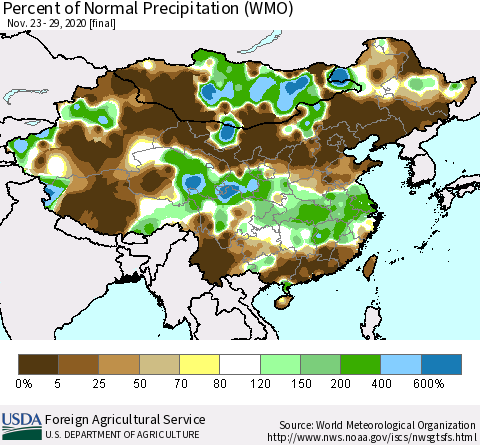 China and Taiwan Percent of Normal Precipitation (WMO) Thematic Map For 11/23/2020 - 11/29/2020