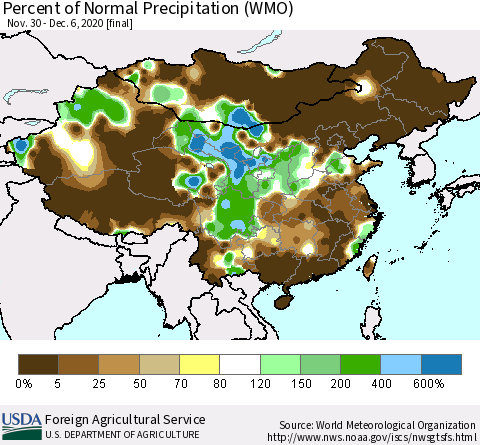 China and Taiwan Percent of Normal Precipitation (WMO) Thematic Map For 11/30/2020 - 12/6/2020