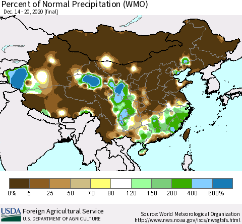 China and Taiwan Percent of Normal Precipitation (WMO) Thematic Map For 12/14/2020 - 12/20/2020