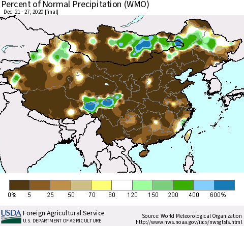 China and Taiwan Percent of Normal Precipitation (WMO) Thematic Map For 12/21/2020 - 12/27/2020