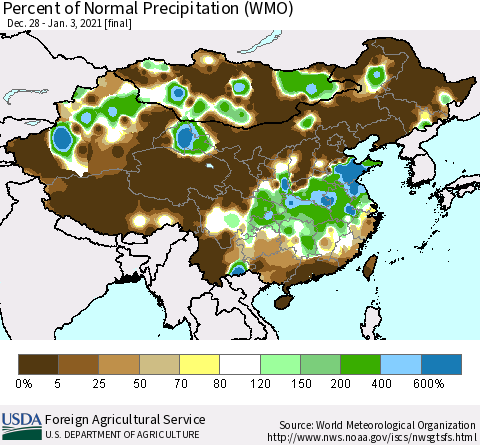 China and Taiwan Percent of Normal Precipitation (WMO) Thematic Map For 12/28/2020 - 1/3/2021