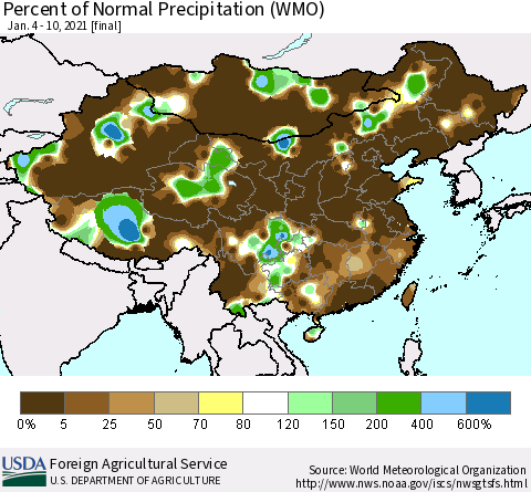 China and Taiwan Percent of Normal Precipitation (WMO) Thematic Map For 1/4/2021 - 1/10/2021