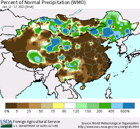 China and Taiwan Percent of Normal Precipitation (WMO) Thematic Map For 1/11/2021 - 1/17/2021