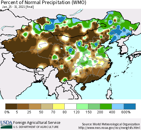 China, Mongolia and Taiwan Percent of Normal Precipitation (WMO) Thematic Map For 1/25/2021 - 1/31/2021