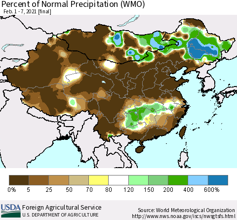 China and Taiwan Percent of Normal Precipitation (WMO) Thematic Map For 2/1/2021 - 2/7/2021