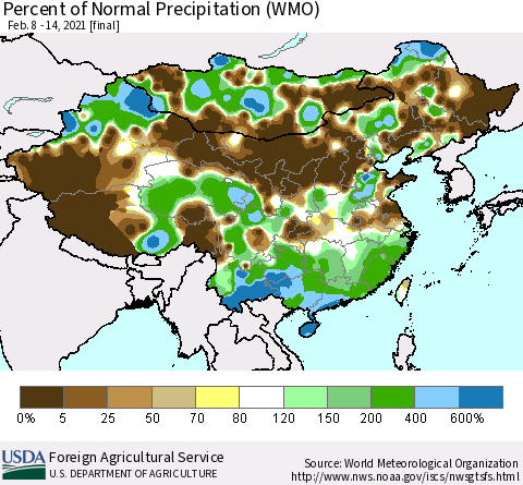 China, Mongolia and Taiwan Percent of Normal Precipitation (WMO) Thematic Map For 2/8/2021 - 2/14/2021