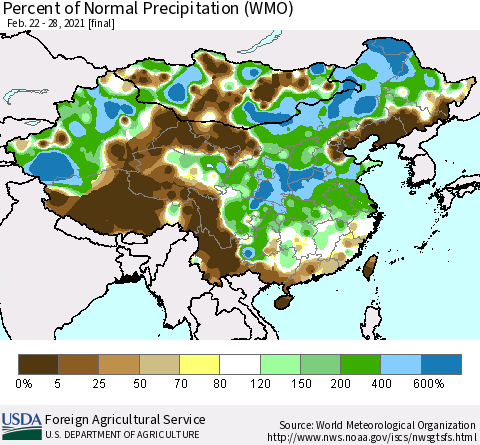 China and Taiwan Percent of Normal Precipitation (WMO) Thematic Map For 2/22/2021 - 2/28/2021