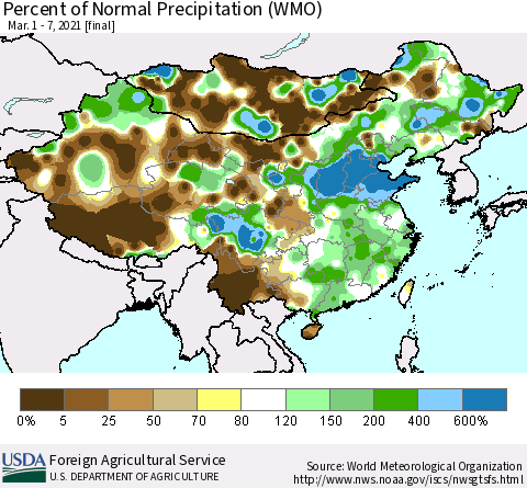 China and Taiwan Percent of Normal Precipitation (WMO) Thematic Map For 3/1/2021 - 3/7/2021