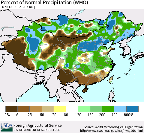 China, Mongolia and Taiwan Percent of Normal Precipitation (WMO) Thematic Map For 3/15/2021 - 3/21/2021
