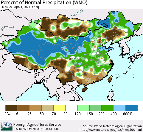 China, Mongolia and Taiwan Percent of Normal Precipitation (WMO) Thematic Map For 3/29/2021 - 4/4/2021