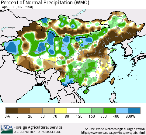 China, Mongolia and Taiwan Percent of Normal Precipitation (WMO) Thematic Map For 4/5/2021 - 4/11/2021