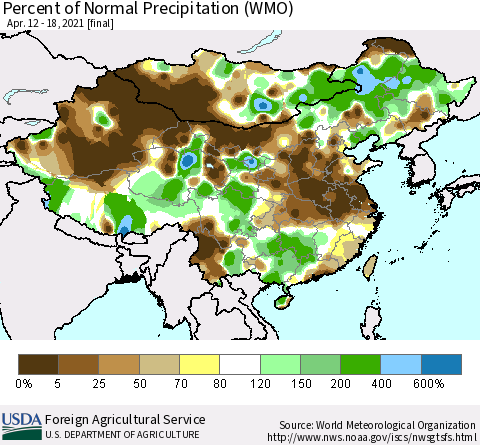 China and Taiwan Percent of Normal Precipitation (WMO) Thematic Map For 4/12/2021 - 4/18/2021