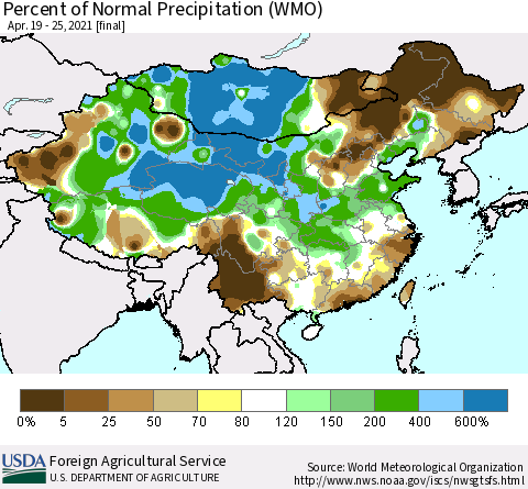 China, Mongolia and Taiwan Percent of Normal Precipitation (WMO) Thematic Map For 4/19/2021 - 4/25/2021