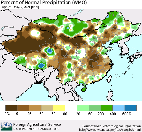 China, Mongolia and Taiwan Percent of Normal Precipitation (WMO) Thematic Map For 4/26/2021 - 5/2/2021