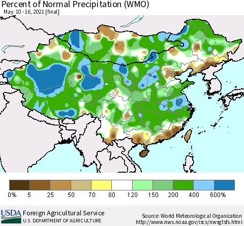China, Mongolia and Taiwan Percent of Normal Precipitation (WMO) Thematic Map For 5/10/2021 - 5/16/2021