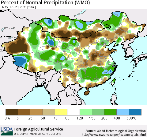 China and Taiwan Percent of Normal Precipitation (WMO) Thematic Map For 5/17/2021 - 5/23/2021