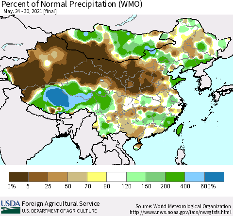 China, Mongolia and Taiwan Percent of Normal Precipitation (WMO) Thematic Map For 5/24/2021 - 5/30/2021