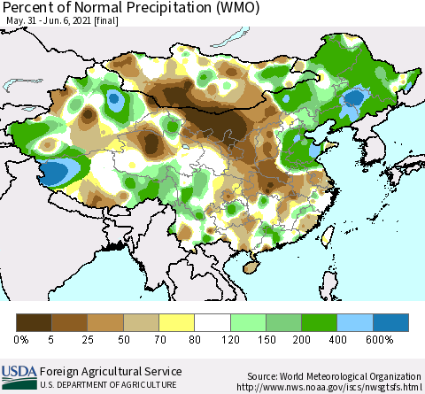 China and Taiwan Percent of Normal Precipitation (WMO) Thematic Map For 5/31/2021 - 6/6/2021