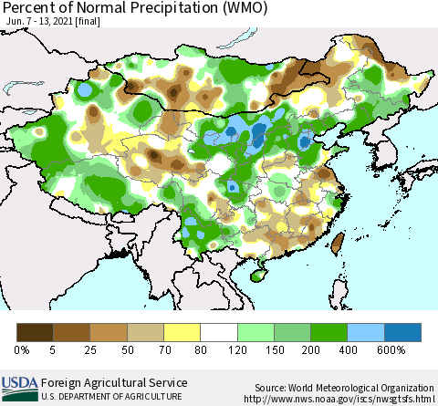 China and Taiwan Percent of Normal Precipitation (WMO) Thematic Map For 6/7/2021 - 6/13/2021