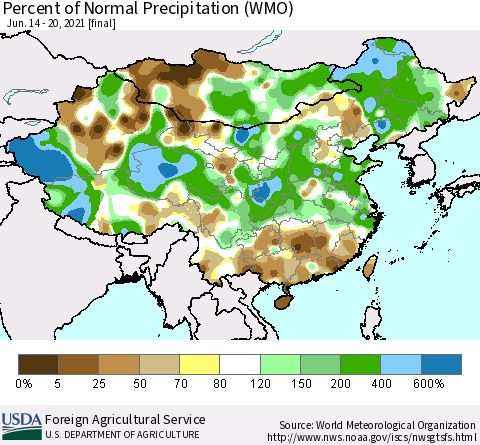 China and Taiwan Percent of Normal Precipitation (WMO) Thematic Map For 6/14/2021 - 6/20/2021