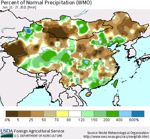 China and Taiwan Percent of Normal Precipitation (WMO) Thematic Map For 6/21/2021 - 6/27/2021