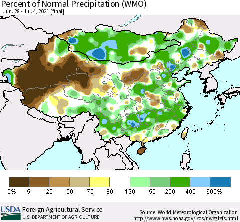 China, Mongolia and Taiwan Percent of Normal Precipitation (WMO) Thematic Map For 6/28/2021 - 7/4/2021