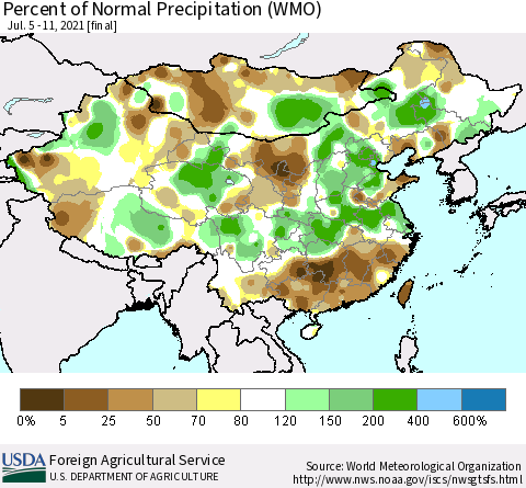 China, Mongolia and Taiwan Percent of Normal Precipitation (WMO) Thematic Map For 7/5/2021 - 7/11/2021