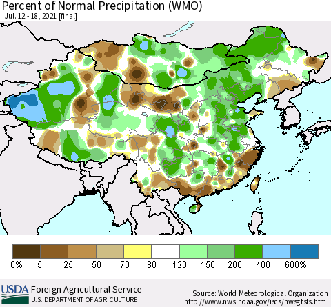 China, Mongolia and Taiwan Percent of Normal Precipitation (WMO) Thematic Map For 7/12/2021 - 7/18/2021