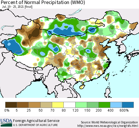 China, Mongolia and Taiwan Percent of Normal Precipitation (WMO) Thematic Map For 7/19/2021 - 7/25/2021