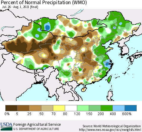 China, Mongolia and Taiwan Percent of Normal Precipitation (WMO) Thematic Map For 7/26/2021 - 8/1/2021