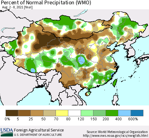 China, Mongolia and Taiwan Percent of Normal Precipitation (WMO) Thematic Map For 8/2/2021 - 8/8/2021