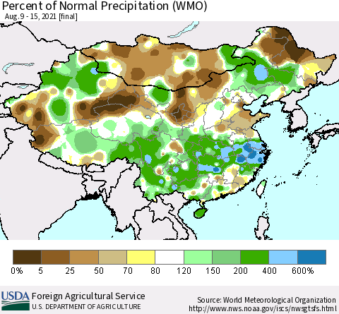 China, Mongolia and Taiwan Percent of Normal Precipitation (WMO) Thematic Map For 8/9/2021 - 8/15/2021