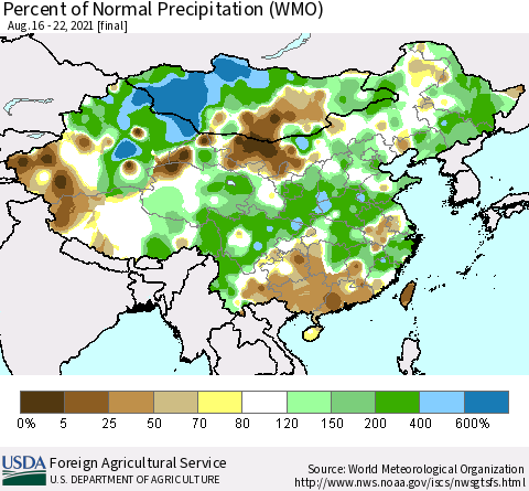 China, Mongolia and Taiwan Percent of Normal Precipitation (WMO) Thematic Map For 8/16/2021 - 8/22/2021