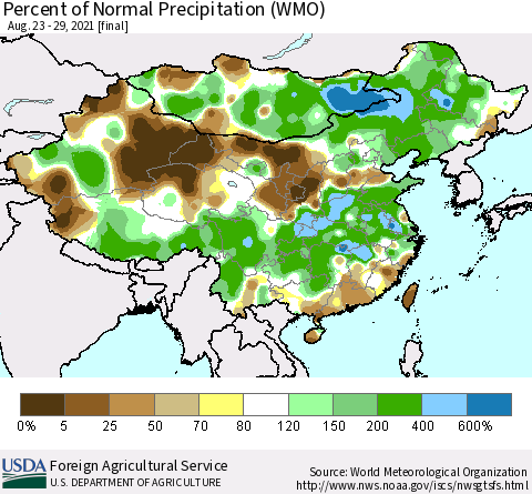 China, Mongolia and Taiwan Percent of Normal Precipitation (WMO) Thematic Map For 8/23/2021 - 8/29/2021