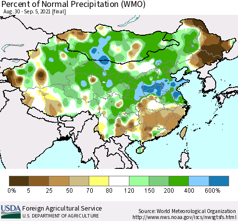 China, Mongolia and Taiwan Percent of Normal Precipitation (WMO) Thematic Map For 8/30/2021 - 9/5/2021