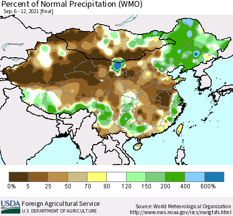 China, Mongolia and Taiwan Percent of Normal Precipitation (WMO) Thematic Map For 9/6/2021 - 9/12/2021