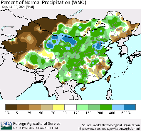 China, Mongolia and Taiwan Percent of Normal Precipitation (WMO) Thematic Map For 9/13/2021 - 9/19/2021