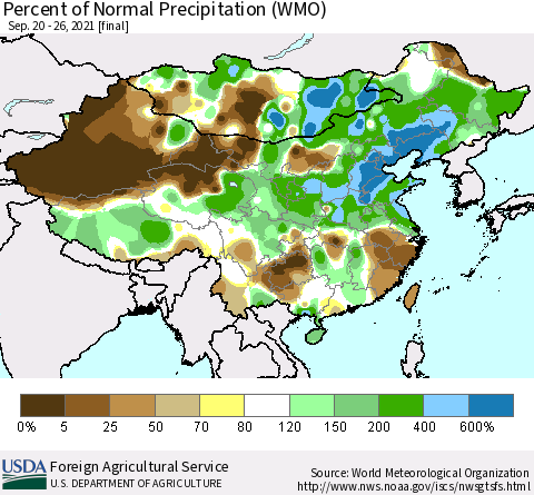 China, Mongolia and Taiwan Percent of Normal Precipitation (WMO) Thematic Map For 9/20/2021 - 9/26/2021