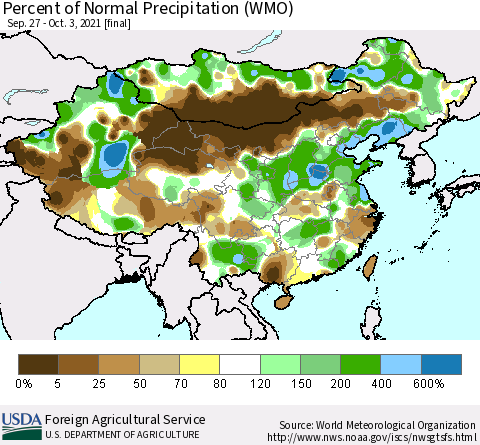 China, Mongolia and Taiwan Percent of Normal Precipitation (WMO) Thematic Map For 9/27/2021 - 10/3/2021