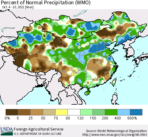 China and Taiwan Percent of Normal Precipitation (WMO) Thematic Map For 10/4/2021 - 10/10/2021